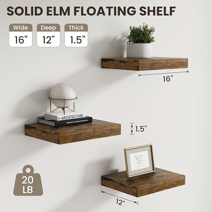 Dreamland Floating Shelves 16 inch, 2 Pack Rustic Wooden Wall Shelves, Wall - Image 3