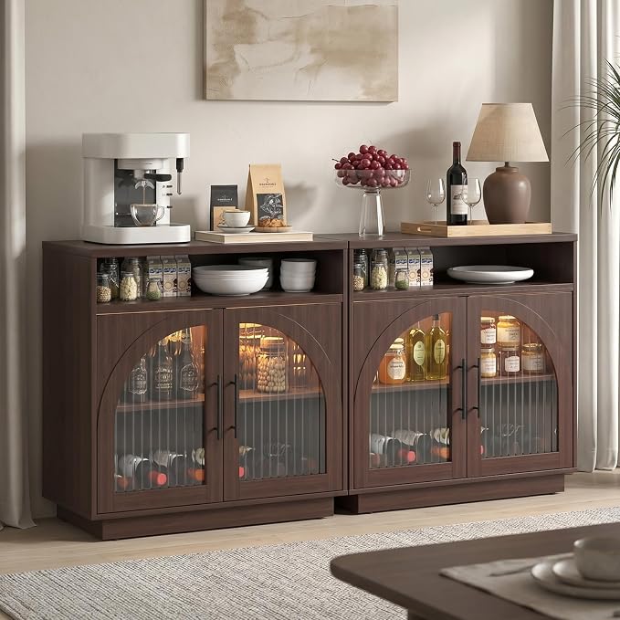 Sideboard Buffet Cabinet with Storage, Wine Bar Cabinet with Arched Glass Doors by SOLACEFURNITURE