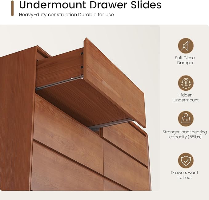 Solid Wood Dresser for Bedroom, Natural Solid Wood 6 Drawer Dresser, 55.2" Wide - Image 7