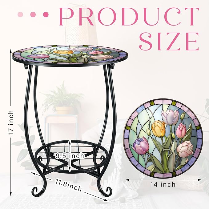 Cinnvoice Outdoor Side Table Round Small Mosaic Patio Accent Indoor End Plant - Image 3