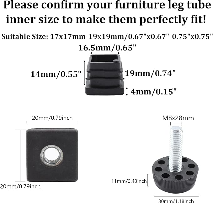 8Pcs Adjustable Leveling Feet, Square Insert Kit, Furniture Glide Leveler - Image 2