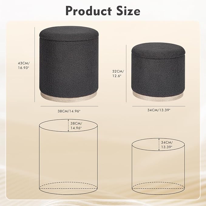 PINPLUS Round Ottoman with Storage Set of 2, Storage Ottoman with Tray - Image 3