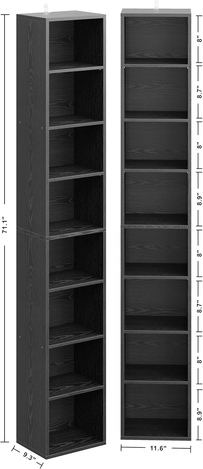 IRONCK Tall Narrow Bookshelf 8 Tiers 71in Set of 2, Compact Corner Bookcase - Image 3