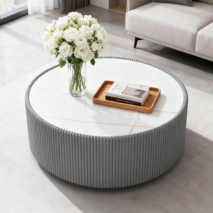 29.52" Round Marble Coffee Table, Modern Fluted Coffee Table w/White Sintered - Image 3