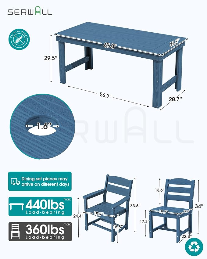 SERWALL Outdoor Dining Table Set, 67‘’ HDPE Patio Dining Set - Image 2
