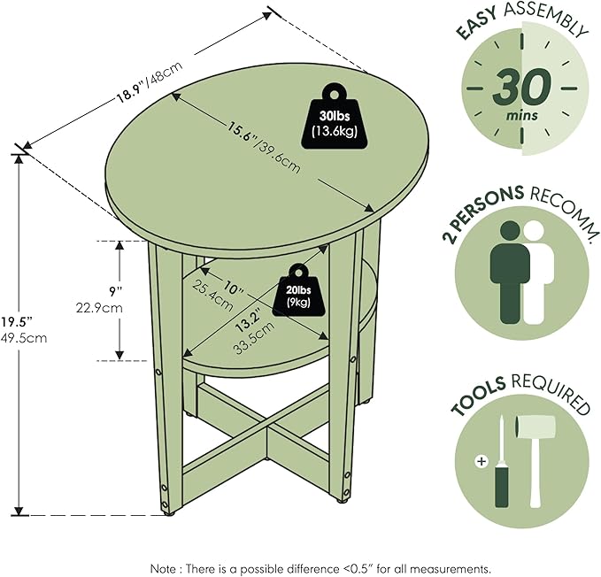 Furinno JAYA Side Table, 2-Tier Round Modern End Table - Image 3