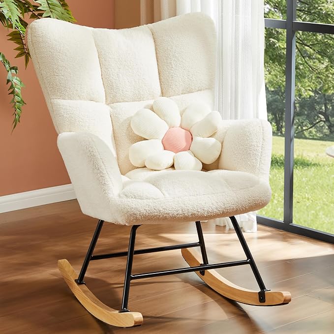 DUMOS Rocking Chair with High Backrest, Nursery Teddy Upholstered Indoor by DumosLifestyle