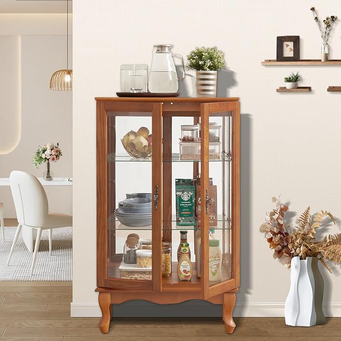Curio Cabinet With Lighted Tall Leg Glass Door, Antique Display With Mirrored by Firscook