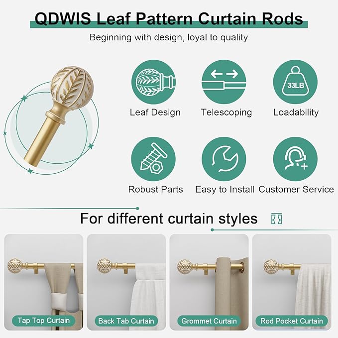 QDWIS 2 Pack Gold Curtain Rods for Windows 28 to 48 inch, Rustic Decorative - Image 6