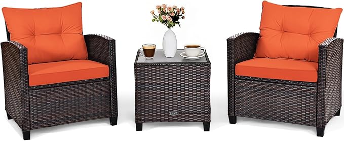 COSTWAY 3PCS Patio Furniture Set, PE Rattan Wicker Sofa w/Washable Cushion and by COSTWAY