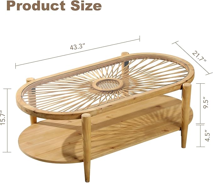 RUSTOWN Rattan Coffee Tables, 2-Tier Oval Boho Cocktail Tables, Mid Century - Image 2