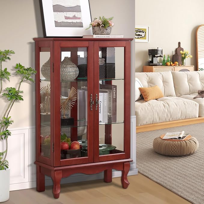 Curio Cabinet With Lighted Tall Leg Glass Door, Antique Display With Mirrored - Image 5