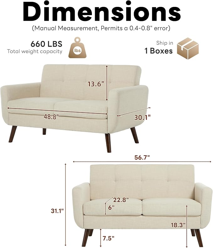 Tbfit 56" W Loveseat Sofa, Mid Century Modern Decor Love Seat Couches - Image 2