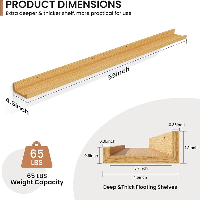 Fun Memories Picture Ledge Shelves Set of 2, 55 Inch Rustic Wall Mounted - Image 2
