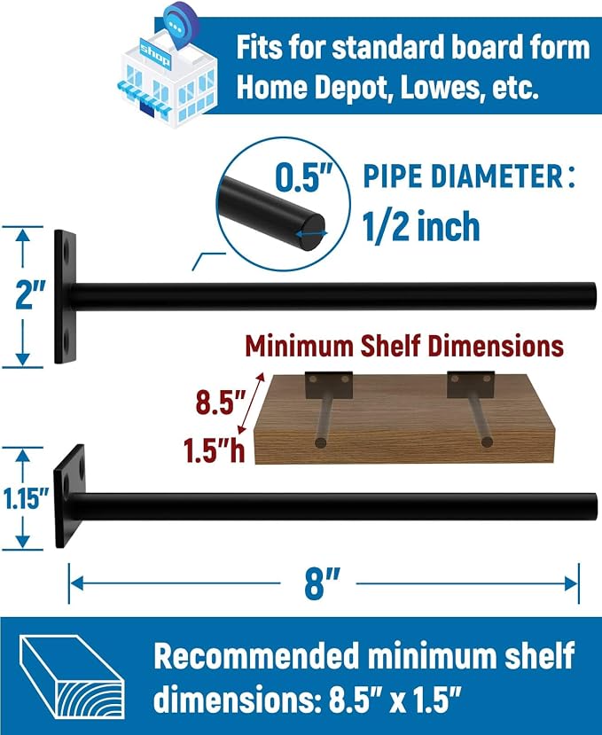 LEOPO Black 6-Pack 8 inch Floating Shelf Brackets, Hidden Shelf Bracket - Image 3