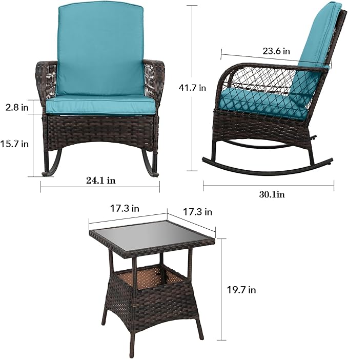 LEVELEVE 3 pcs Rocking Bistro Set Conversation Chairs PE Wicker Outdoor Rocking - Image 4