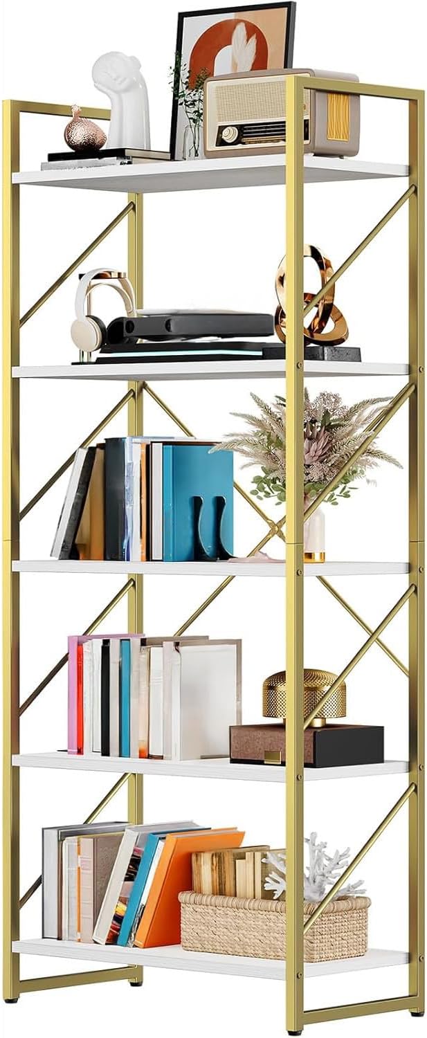 DWVO Gold Bookshelf, Modren 5 Tier Bookcase, Storage Shelves Organizer Standing - Image 7