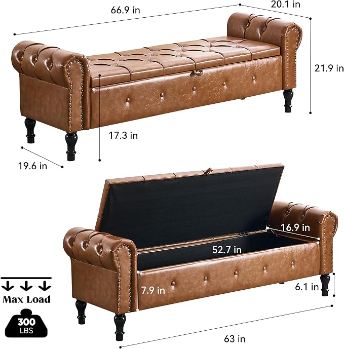 Storage Bench for Bedroom, Faux Leather 67" End of Bed Bench, King Size Bench - Image 2
