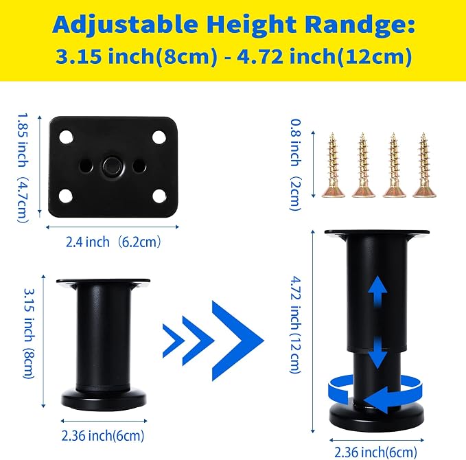 4 Pcs Adjustable Height Furniture Support Legs 3.15-4.72 inch, Metal Heavy Duty - Image 2