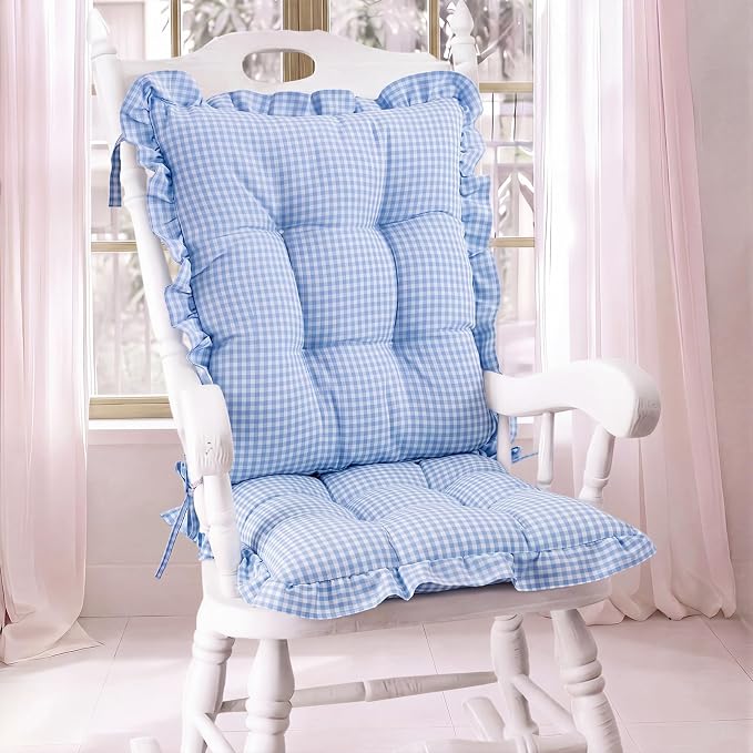 Lewtemi 2 Set Blue Gingham Rocking Chair Cushion Village Ruffled Rocking Chair by Lewtemi