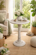 Antique White Round Coffee Table – 18x22 Wood Accent Side Table - Image 6