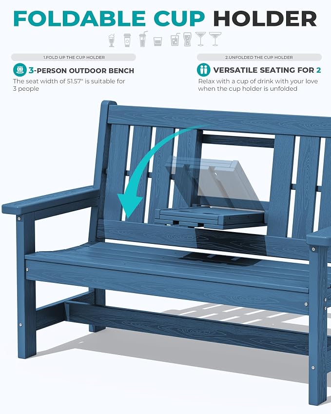 SERWALL Outdoor Bench with Cup Holder, Oversized 58" HDPE Porch Bench Suitable - Image 6