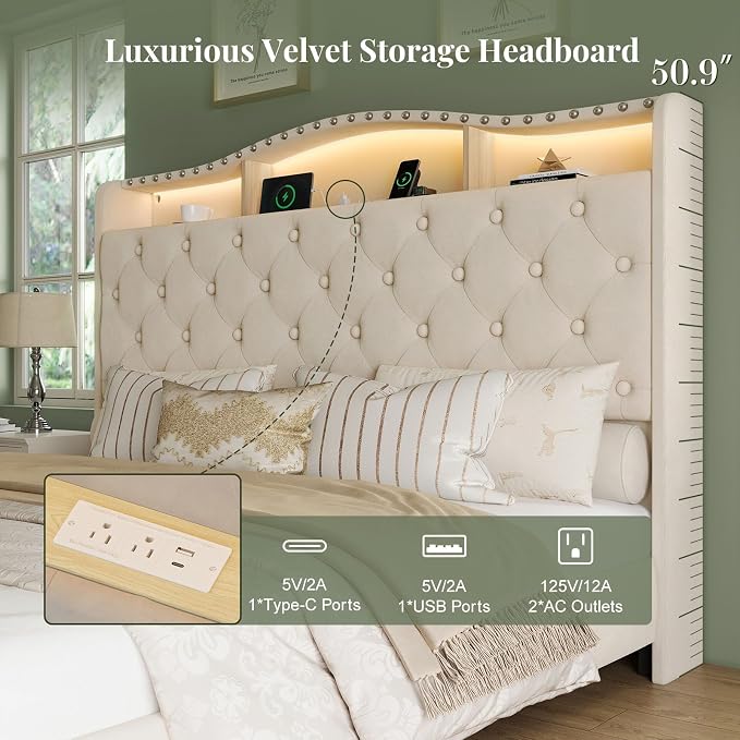 Belffin Queen Size Bed Frame and Headboard, 50.9" Velvet Upholstered Wingback - Image 3