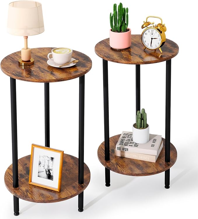 Round Side Table Set of 2, 2-Tier End Table, Small Round Nightstands by BITYODD-HOME