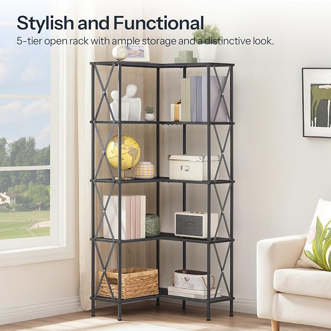 HOOBRO Corner Bookshelf, 5-Tier L-Shaped Bookcase, Industrial Open Display - Image 3