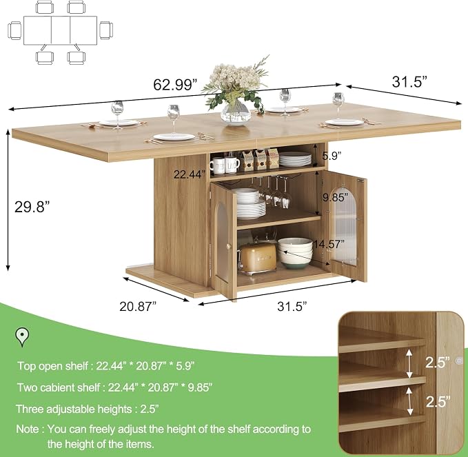 HSH Dining Table for 4–6, 63 Inch Wood Farmhouse Kitchen Table - Image 2