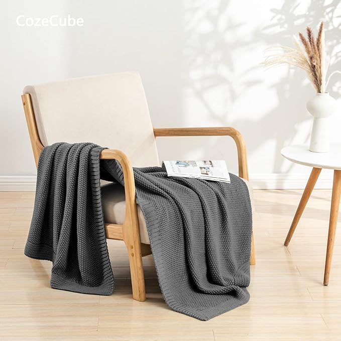 CozeCube Charcoal Grey Seed Stitch Throw Blanket 50"x60", Farmhouse Decor | - Image 2