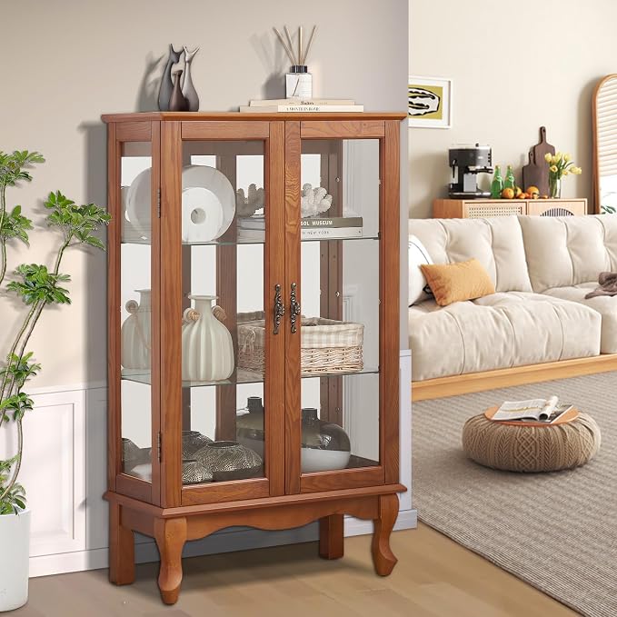 Curio Cabinet With Lighted Tall Leg Glass Door, Antique Display With Mirrored - Image 5