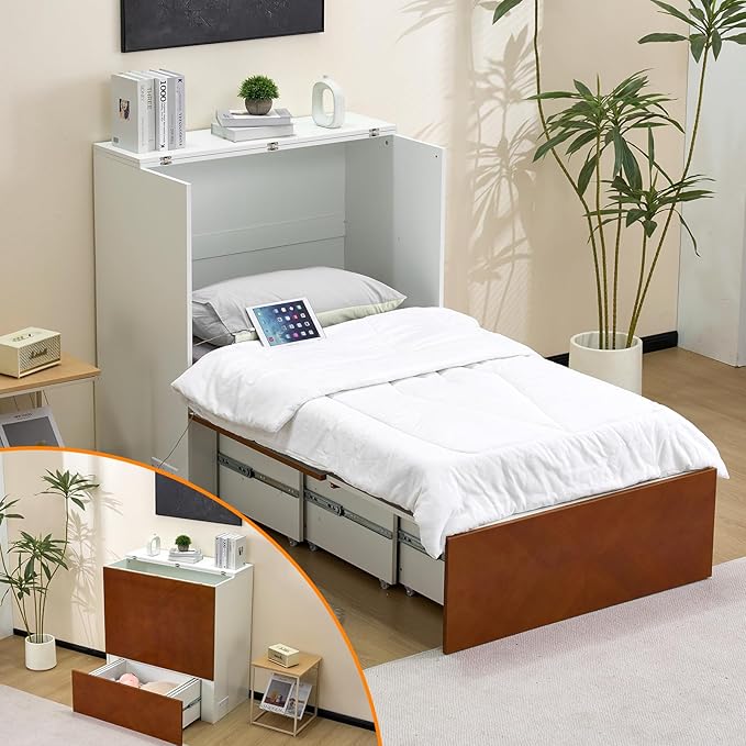 VINGLI Twin Murphy Bed with Storage Drawer, Rustic & Scandinavian Style by VINGLI