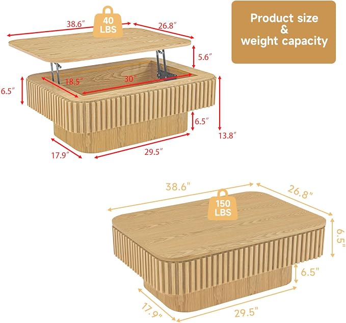 Lift Top Coffee Table for Living Room, Rectangle Handmade Solid Wood Strips - Image 3