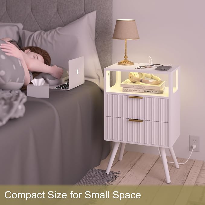 JOONEE White Nightstand with Charging Station and LED Lights, Modern Bedside - Image 4