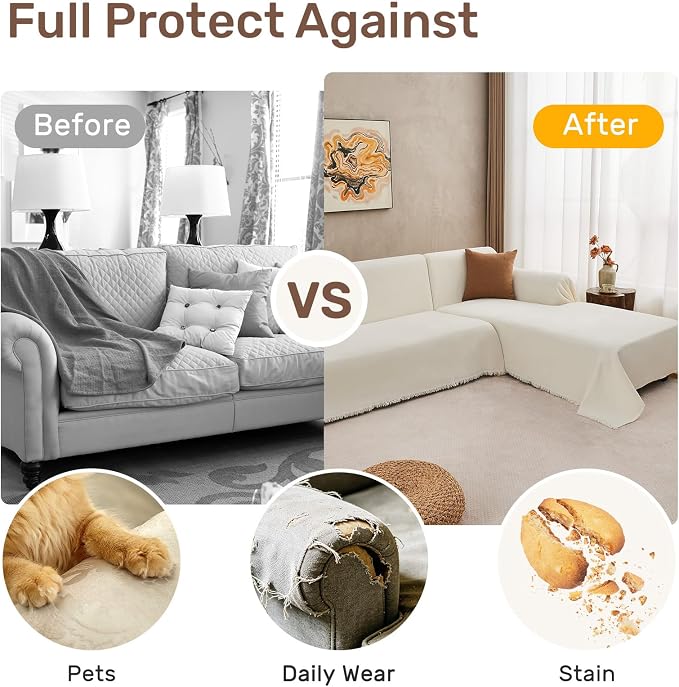 2 Pieces Sectional Couch Covers L Shaped Cover XL Cream White | Thick Washable - Image 4