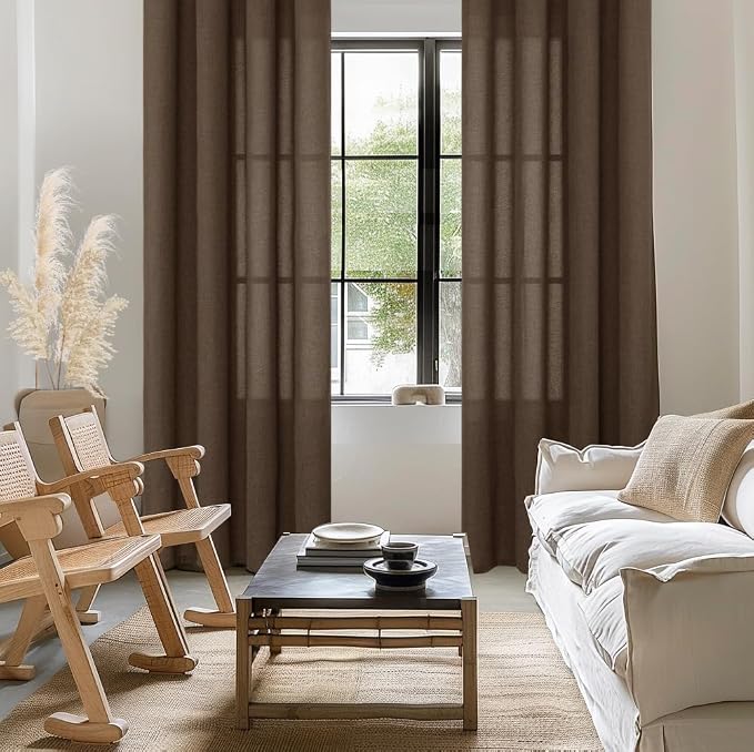 YoungsTex Brown Linen Semi Sheer Curtains 80 Inch Length - Image 2