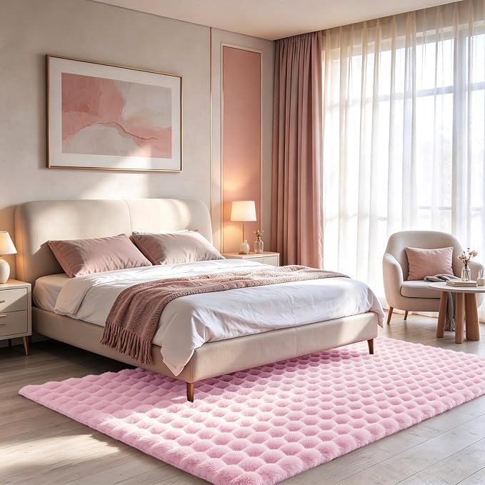 Pink Rabbit Plush Rug 4'x6', Fluffy Shaggy Area Rug by CHOVY