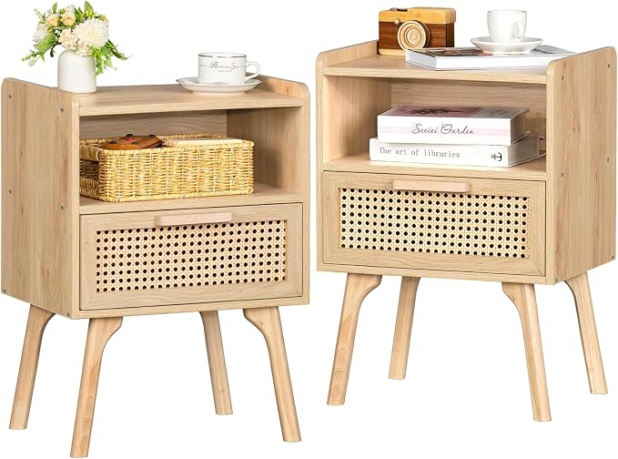 Lerliuo Rattan Nightstands Set of 2, Boho Side Table by Lerliuo