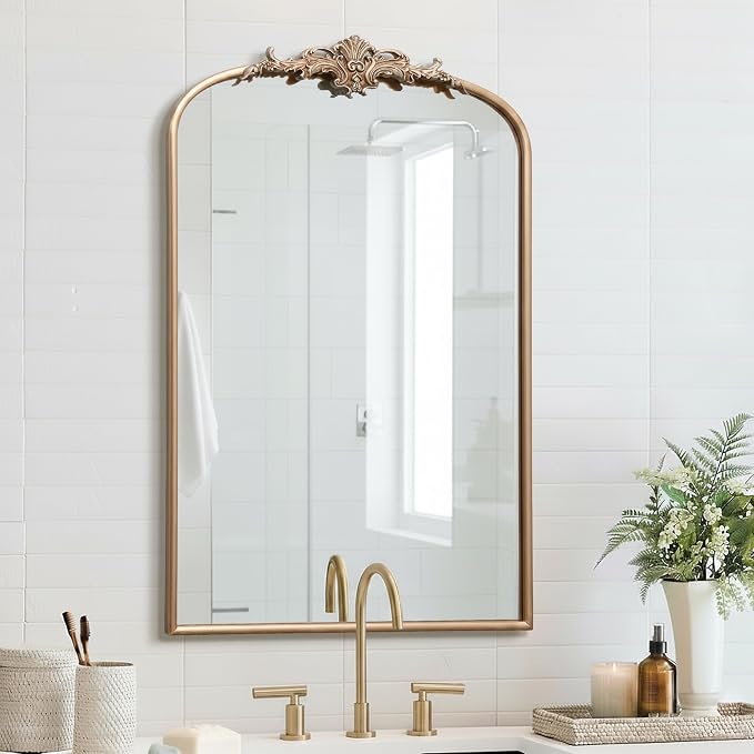 Besdomus Large Antique Wall Mirror: 24"x36" French Arched Champagne Gold - Image 4