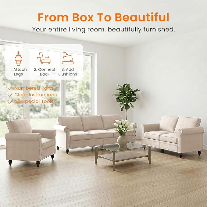 Living Room Sofa Sets 3 Piece, Modern 3 Seater Sofa and Loveseat Couch and - Image 5