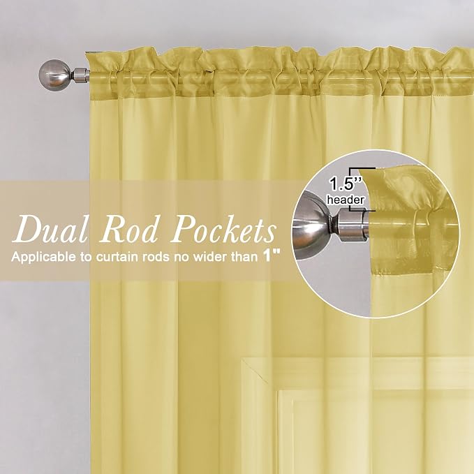 Yellow Sheer Curtains 72 Inches Long 2 Panels, Light Filtering Voile Window - Image 2