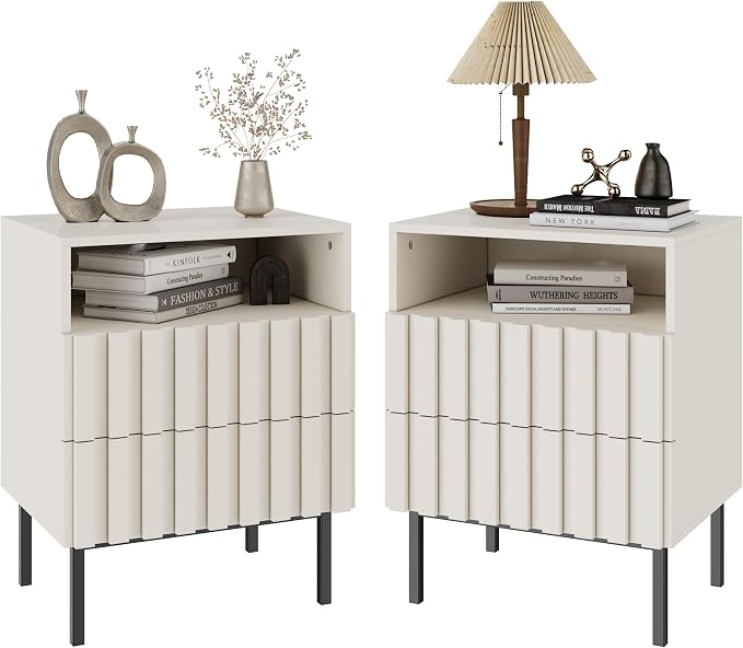 UEV Beige Fluted Nightstand Set of 2, Modern Nightstand by YourHomeExcellentVendor