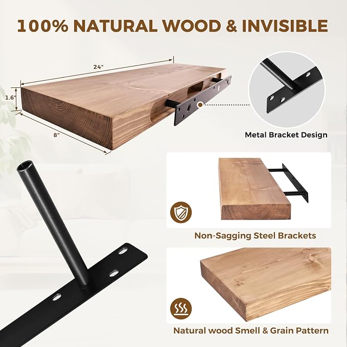 24x8x1.6 inch Floating Shelves Set of 2 – Solid Wood Rustic Oak Wall Mounted - Image 4