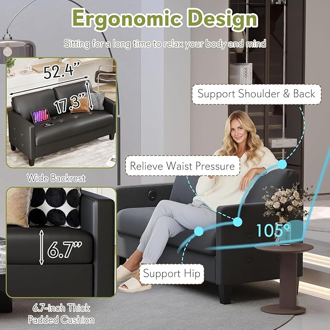 STHOUYN 59” Black Faux Leather Sofa Couch, Modern Comfy Office 2 Seater Couch - Image 5