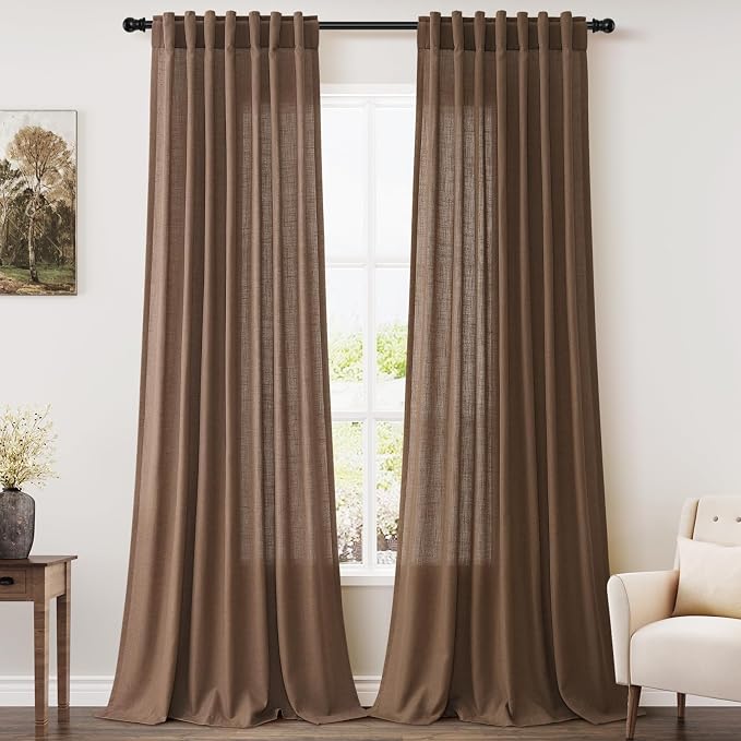 Caramel Brown Linen Curtains for Living Room Extra Long 112 Inches Long Back by Nanspring