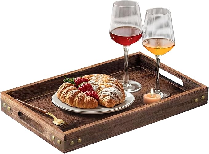 Serving Tray with Handles, 15.8"x 11" Wood Decorative Tray by AzulHome