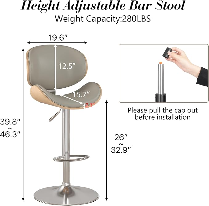 KCC Bar Stools Set of 3, Swivel Adjustable Height Barstools, PU Leather - Image 2