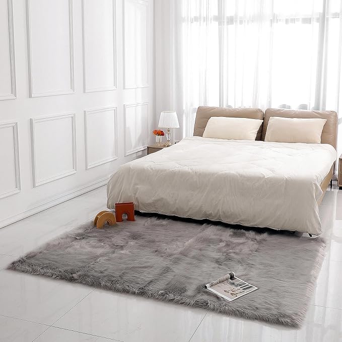 linmopm Faux Fur Rug Sheepskin Grey Shag Fluffy Fuzzy 5x7 ft Rugs - Image 2