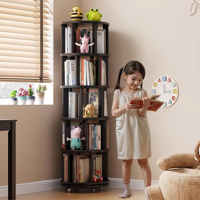 Muwuele Solid Wood Rotating Bookshelf on Wheels, 5 Tier, Round Revolving - Image 3